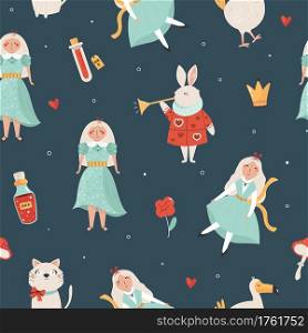 Seamless pattern with symbols from Alice in Wonderland. Vector illustration. Seamless pattern with symbols from Alice in Wonderland