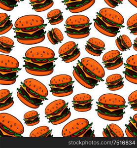 Seamless pattern with tasty fast food cheeseburgers on wheat bread rolls, topped with grilled patties of ground beef, tomatoes, lettuce and slices of cheddar cheese. Fast food theme. Seamless pattern with tasty cheeseburgers