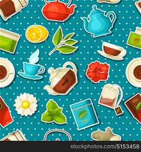 Seamless pattern with tea and accessories, packs and kettles. Seamless pattern with tea and accessories, packs and kettles.