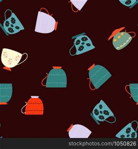 Seamless pattern with teal and orange retro tea cups on chocolate background. Endless design for textile, card, cover. Vector illustration.. Seamless pattern with teal and orange retro tea cups on chocolate