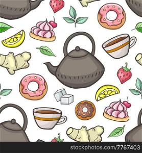 Seamless pattern with teapot, fruit and sweets. Vector illustration