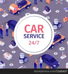 Seamless Pattern with Text for Car Repair Service. Fulltime Automobile Maintenance, 24/7 Customer Support. Isometric Icons of Tools, Repaired Vehicle and Equipment on Backdrop. Vector 3d Illustration. Seamless Pattern with Text for Car Repair Service