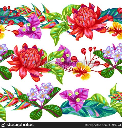 Seamless pattern with Thailand flowers. Tropical multicolor plants, leaves and buds. Seamless pattern with Thailand flowers. Tropical multicolor plants, leaves and buds.