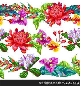 Seamless pattern with Thailand flowers. Tropical multicolor plants, leaves and buds. Seamless pattern with Thailand flowers. Tropical multicolor plants, leaves and buds.