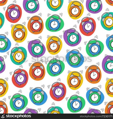 Seamless pattern with the alarm clock. Time background. Vector illustration.