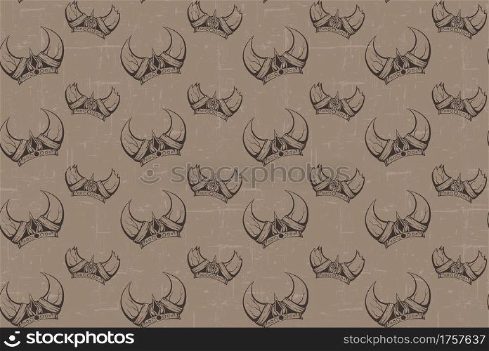 Seamless pattern with the contours of the sketch of the horned viking helmets and grunge scuff. Texture with the ammunition of the ancient warriors of the defenders. Military vintage wallpaper.. Seamless pattern with the contours of the sketch of the horned viking helmets and grunge scuff. Texture with the ammunition of the ancient warriors of the defenders.