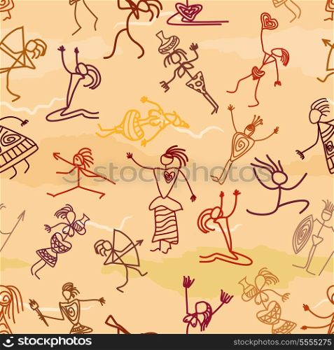 Seamless pattern with the image of the primitive people