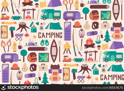 Seamless pattern with things for traveling to the mountains. Fishing and summer c&ing. Hike with backpacks, rest in the forest. print object stuff design wallpaper. background vector illustration. Seamless pattern with things for traveling to the mountains. Fishing and summer c&ing. Hike with backpacks, rest in the forest. print object stuff design wallpaper. background vector illustration.