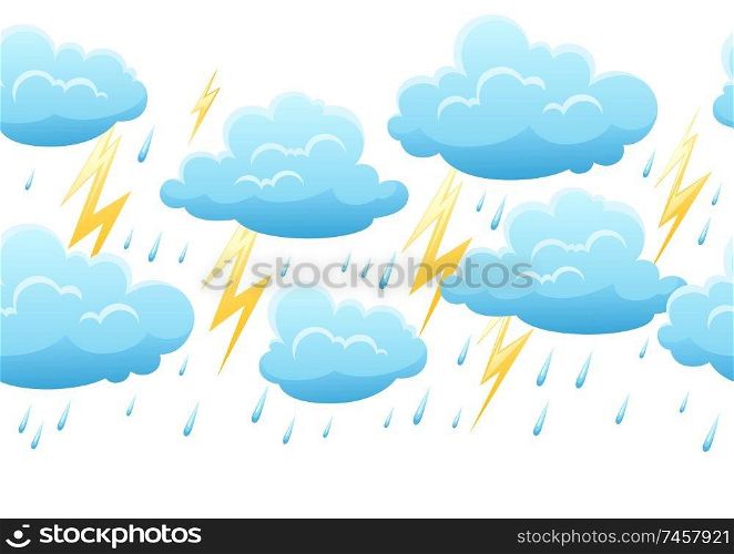 Seamless pattern with thunderstorm. Cartoon illustration of clouds, rain and lightning.. Seamless pattern with thunderstorm.