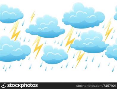 Seamless pattern with thunderstorm. Cartoon illustration of clouds, rain and lightning.. Seamless pattern with thunderstorm.