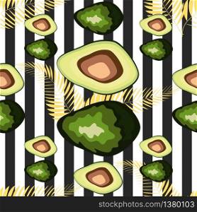 Seamless pattern with tiger stripes and tropical fruits and leaves. Pattern with avocado