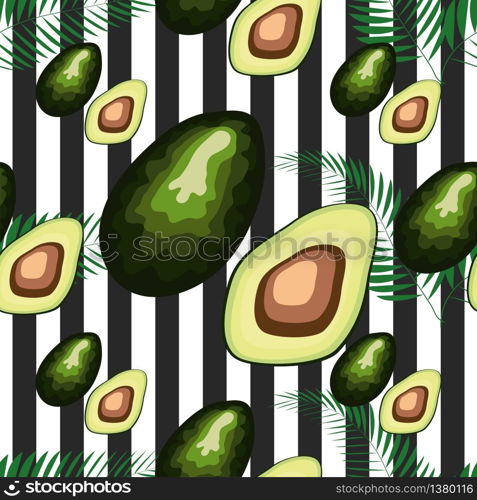 Seamless pattern with tiger stripes and tropical fruits and leaves. Pattern with avocado.