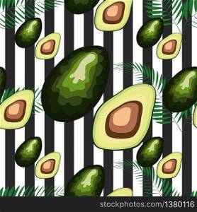 Seamless pattern with tiger stripes and tropical fruits and leaves. Pattern with avocado.