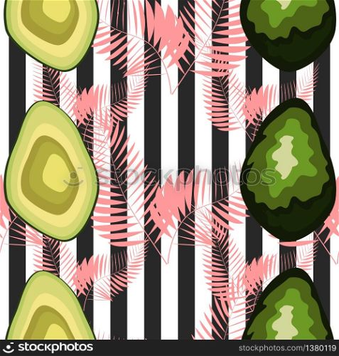Seamless pattern with tiger stripes and tropical fruits and leaves. Pattern with avocado