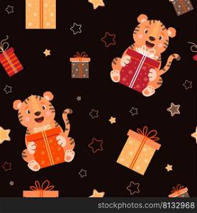 Seamless pattern with tigers. cute striped animal sits with a big gift on black background with stars and boxes of gifts. Vector illustration for decor, textile, wallpaper, print and New Years design