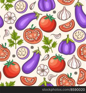 Seamless pattern with tomato and eggplants. Hand drawn vector background. 