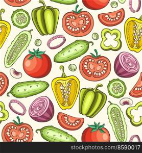 Seamless pattern with tomato, pepper and cucumber. Hand drawn vector background. 