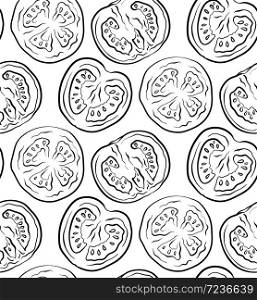 Seamless pattern with tomatoes in a cut. Vector outline illustration. Vegetable texture for wallpaper, design of sites and your design. Seamless pattern with tomatoes in a cut. Vector outline illustration.