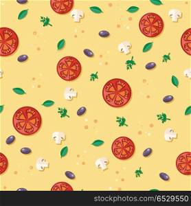 Seamless Pattern with Tomatoes, Olives, Mushrooms. Seamless pattern with tomatoes, olives, mushrooms, basil, parsley in flat style. Wallpaper design with vegetarian food ingredients. For pizzeria, restaurant ad, logo design, delivery service. Vector