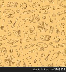 Seamless pattern with tools for making cakes, cookies and pastries. Doodle confectionery tools - stationary dough mixer, baking pans and pastry bag. Hand drawn vector illustration.. Seamless pattern with tools for making cakes, cookies and pastries. Doodle confectionery tools - stationary dough mixer, baking pans and pastry bag. Hand drawn vector illustration