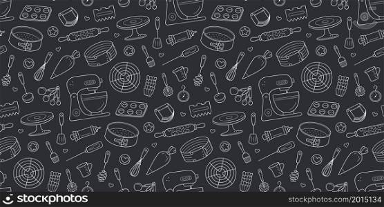Seamless pattern with tools for making cakes, cookies and pastries. Doodle confectionery tools dough mixer, baking pan and pastry bag. Vector illustration hand drawn in chalk on blackboard background.. Seamless pattern with tools for making cakes, cookies and pastries. Doodle confectionery tools dough mixer, baking pan and pastry bag. Vector illustration hand drawn in chalk on blackboard background