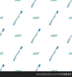 Seamless pattern with toothbrush and toothpaste cartoon on white background. Teeth protection, oral care, dental health concept. Vector illustration for any design.