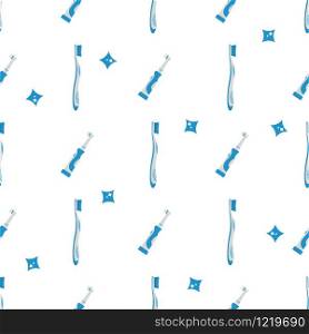 Seamless pattern with toothbrush blue color cartoon isolated on white background. Teeth protection, oral care, dental health concept. Vector illustration for design, web, wrapping paper, fabric.