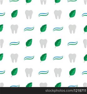 Seamless pattern with toothpaste and mint cartoon template on white background. Teeth protection, oral care, dental health concept. Vector illustration for any design.