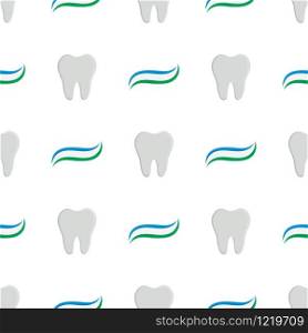 Seamless pattern with toothpaste ant teeth cartoon on white background. Teeth protection, oral care, dental health concept. Vector illustration for any design.