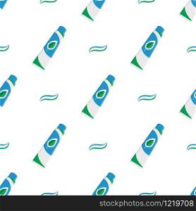 Seamless pattern with toothpaste cartoon template isolated on white background. Teeth protection, oral care, dental health concept. Vector illustration for any design.