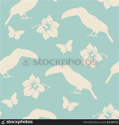 Seamless pattern with toucan and tropical flowers