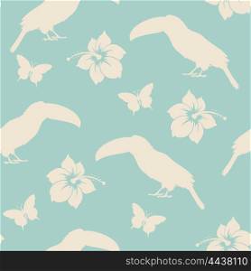 Seamless pattern with toucan and tropical flowers