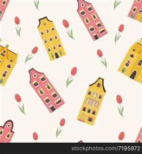 Seamless pattern with traditional dutch buildings. Art for souvenir goods, travel posters. Vector Seamless pattern with bright dutch building