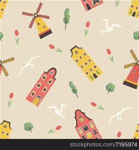 Seamless pattern with traditional dutch buildings, windmill. Art for souvenir goods, travel posters. Seamless pattern with old dutch buildings windmill