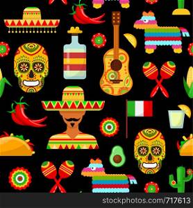 Seamless pattern with traditional Mexican attributes on black backgrounds