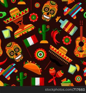 Seamless pattern with traditional Mexican attributes on brown backgrounds