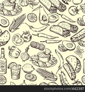 Seamless pattern with traditional mexican food. Vector pictures set. Illustration of mexican food pattern, pepper chili and tequila background. Seamless pattern with traditional mexican food. Vector pictures set