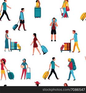 Seamless pattern with travel people. Airport tourist baggage crowd passengers 3d. Vector illustration vacation happy people with luggage. Seamless pattern with travel people. Airport tourist baggage crowd passengers. Vector illustration vacation people with luggage
