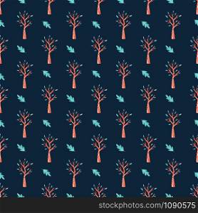 Seamless pattern with trees and leaves in flat style, Vector illustration.. Seamless vector pattern with trees and leaves
