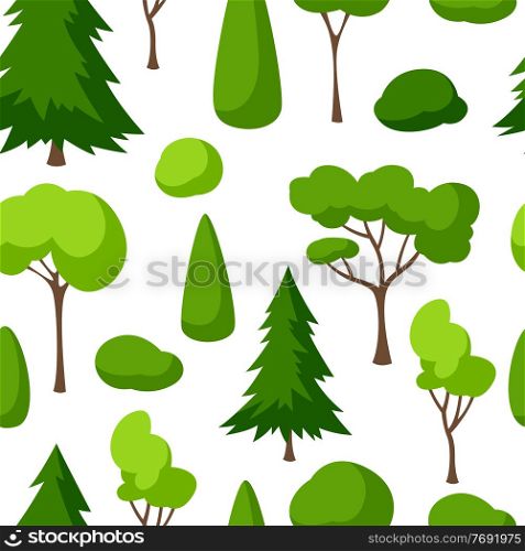 Seamless pattern with trees, spruces and bushes. Summer or spring landscape. Seasonal nature illustration.. Seamless pattern with trees, spruces and bushes.