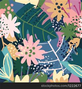 Seamless pattern with trendy exotic floral. Contemporary collage design. Creative tropical hand drawn textures. Modern wallpaper, fabric and packaging design. Botanical vector illustration. Seamless pattern with trendy exotic floral. Contemporary collage design.