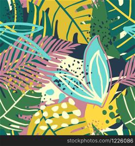 Seamless pattern with trendy exotic floral. Contemporary collage design vector illustration. Creative tropical hand drawn textures. Modern botanical wallpaper, fabric and packaging design.. Seamless pattern with trendy exotic floral. Contemporary collage design vector illustration.
