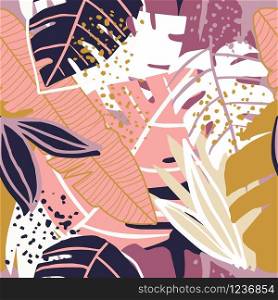Seamless pattern with trendy exotic floral garden in contemporary collage design. Creative tropical hand drawn textures. Modern wallpaper, fabric and packaging design. Botanical vector illustratration
