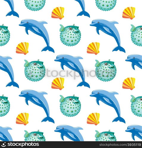 Seamless pattern with tropical dolphin and fish ball coral. Vector illustration