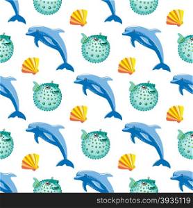 Seamless pattern with tropical dolphin and fish ball coral. Vector illustration