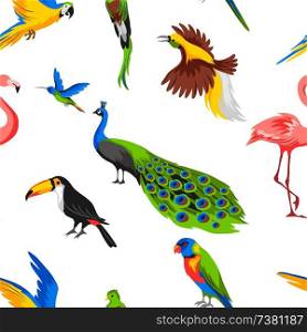 Seamless pattern with tropical exotic birds. Wild fauna of jungle and rainforest.. Seamless pattern with tropical exotic birds.