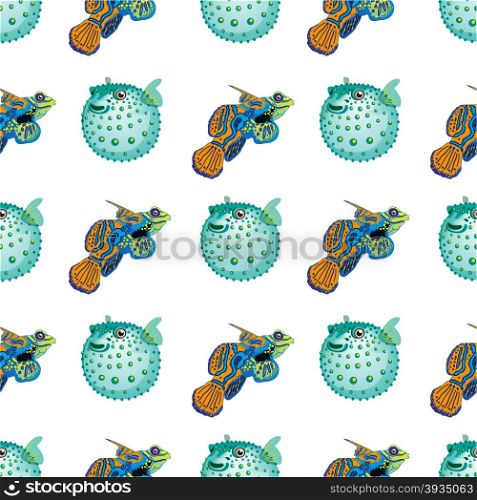 Seamless pattern with tropical fish and fish ball. Vector illustration