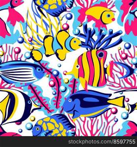 Seamless pattern with tropical fishes. Marine life aquarium and sea animals. Stylized image in bright colors.. Seamless pattern with tropical fishes. Marine life aquarium and sea animals.