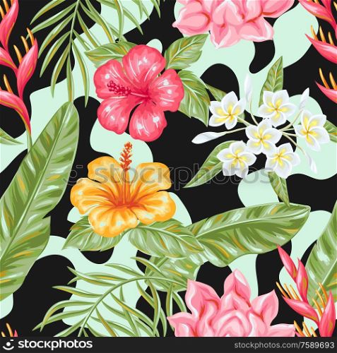 Seamless pattern with tropical flowers and leaves. Decorative exotic foliage, palms and plants.. Seamless pattern with tropical flowers and leaves.
