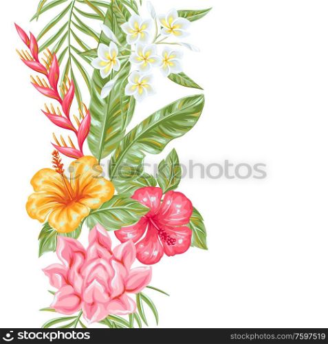 Seamless pattern with tropical flowers and leaves. Decorative exotic foliage, palms and plants.. Seamless pattern with tropical flowers and leaves.